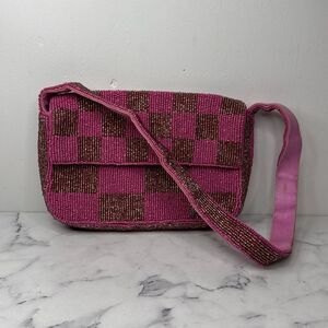 Anthropologie Pink and Brown Beaded Shoulder Bag